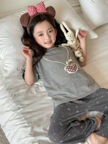 Dazy Kids Conjunto de camiseta de manga corta de punto de cuello redondo y pantalón largo de unicolor para niñas, para primavera/verano - Gris - Ver 6