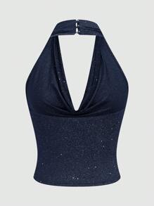 Sweetra Blusa con cuello drapeado y lentejuelas para mujer de talla grande - Azul Marino - Ver 2