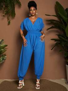 Maweii Plus Size Women's Vacation Style Blue V-Neck Ruched Harem Jumpsuits - Blue - View 5
