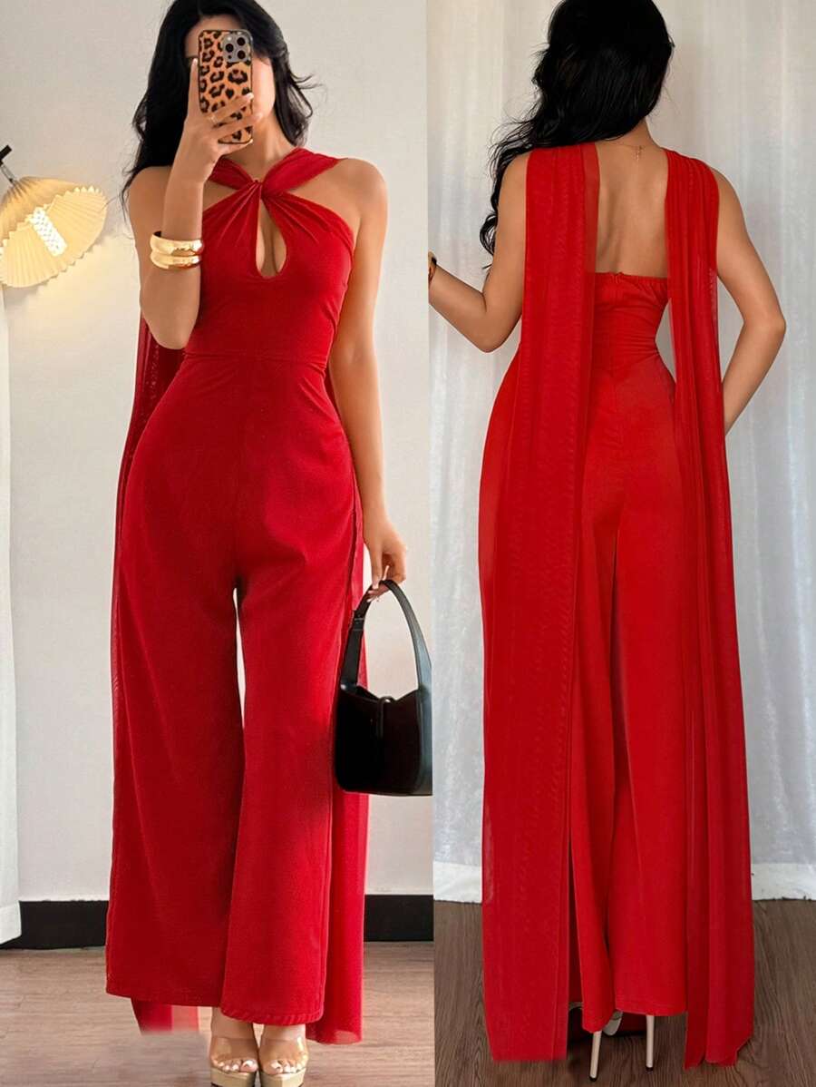 SHEIN Unity Elegante y a la moda monos de corte Largo con efecto drapeado en la espalda que cincha la cintura, en color rojo, apropiado para primavera/verano - Rojo - Ver 1