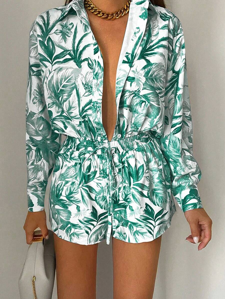 SHEIN Essnce 女士植物印花长袖衬衫和短裤休闲度假服装套装 - 綠色 - 查看 1