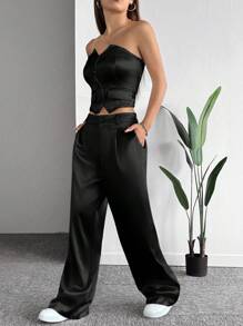 SHEIN EZwear 春季大码缎面吊带背心和裤子两件套 - 黑色 - 查看 3