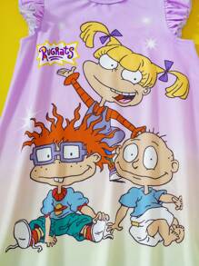 Nick 90s | SHEIN Young Girl Cartoon & Star Yellow & Purple Print Cute Short Sleeve Dress - Mauve Purple - View 4