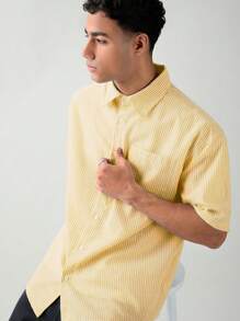 SWAVVY 男士休闲条纹短袖宽松衬衫，春夏，学校 - 黃色 - 查看 5