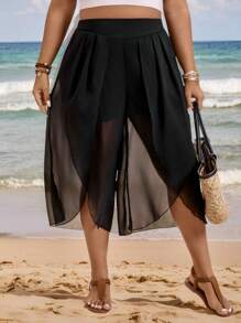 SHEIN Clasi Women Plus Size Solid Color Chiffon Inner Cross 3/4 Pants - Black - View 3