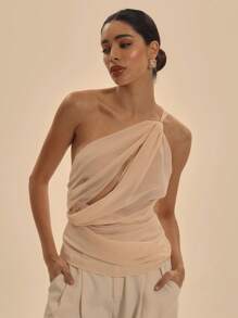 MUSERA Asymmetric Neck Extreme Cut Out Gathered Chiffon Top Spring Elegant Vacation Club Occasion Cute Sexy Romantic Ibiza Fits Holiday Graduation Wedding Guest Going Out Tops ,Elegant - Apricot - View 1