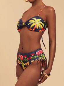 Travachic 女士可爱时尚假日印花结侧系带比基尼套装，可调节肩带花卉印花连体泳衣，合身休闲风格，夏季海滩度假，图案沙滩装女士 - 黑色 - 查看 1