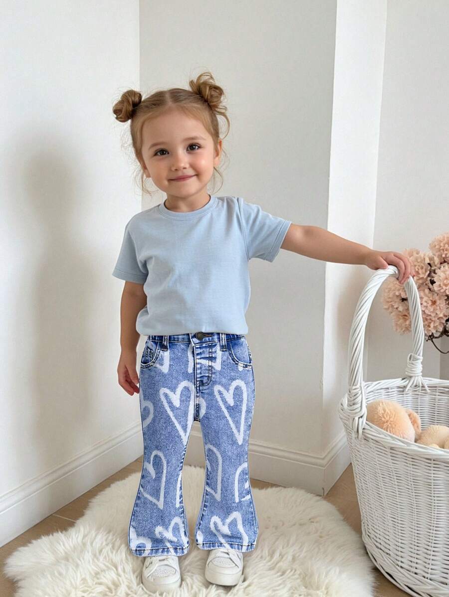 Baby Girls Fashion Heart Print Elastic Denim Flared Pants,Holiday,Summer,Travel - Medium Wash - View 1