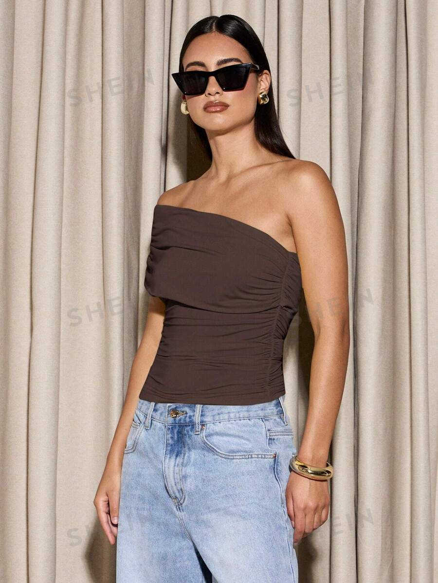 AiiRZ Top con estilo de corsé con fruncido asimétrico, sin tirantes, para fiesta de noche, salida nocturna, moda Y2K, ajustado sin hombros