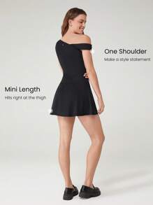 GLOWMODE FeatherFit™-Air Sweat-Wicking Quick-Dry Peekaboo One-Shoulder Mini Dress With Built-In Shorts Side Pockets Non-Slip Grips Daily Casual Wear Removable Cups - Black - View 3