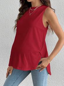 SHEIN 孕妇休闲纯色拱形下摆无袖上衣，夏季 - 酒紅色 - 查看 4