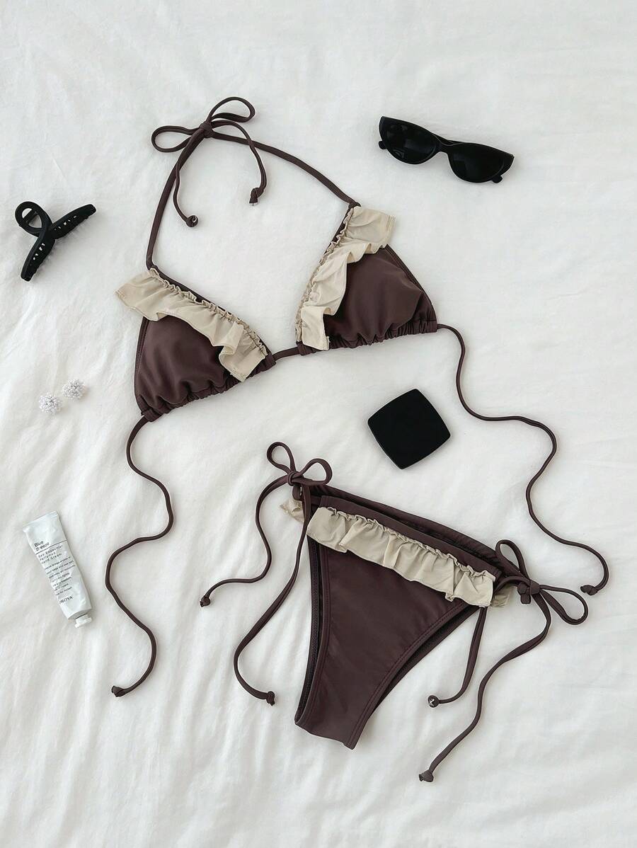 Conjunto de bikini de verano con parte superior de tirantes con volantes y Bottom para mujer para la playa y las vacaciones - Multicolor - Ver 1