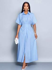 SOLERSUN Elegant Striped Printed Button-Front Batwing Sleeve Maxi Dress (Random Floral Pattern) - Blue - View 6