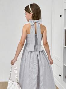 SHEIN Tween Girls Bow Decor Striped Mid-Length Casual Dress - Light Grey - View 3