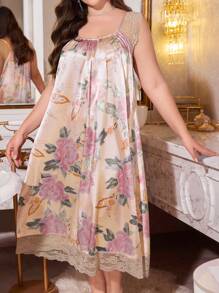 刺绣蕾丝拼布设计花卉印花时尚大码仿丝长裙，优雅而女性化