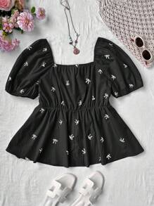 Flirla Plus Size Spring/Summer Pink Plus Size Round Neck Cute & Romantic Everyday/Resort Versatile Lantern Sleeve Bow Chest Ruffle Printed Blouse - Black - View 2