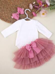 SHEIN Props de photographie pour nouveau-né fille, tenue pour rentrer à la maison pour bébé fille, barboteuse de 1 mois pour bébé fille avec jupe TUTU et bandeau nœud, cadeau de douche pour nouveau-né - Multicolore - Voir 5