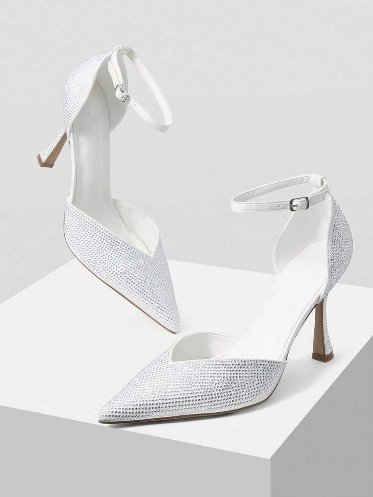 RHINESTONE POINT TOE ANKLE STRAP PUMPS