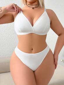 2 pièces Ensemble de lingerie grande taille pour femmes, soutien-gorge sans armature avec bretelles ornées de strass, effet push-up