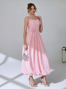 CLARA VERO Women Solid Color 3D Rose Detailed Dress - Pink - View 7