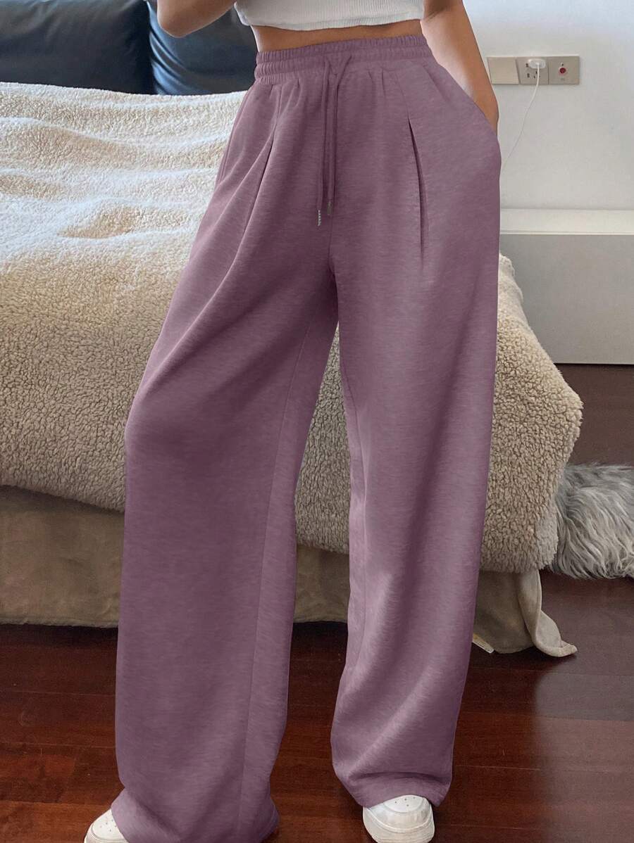 DAZY Women Solid Color Straight Loose Pocket Drawstring Elastic Waist Sweatpants - Purple - View 1