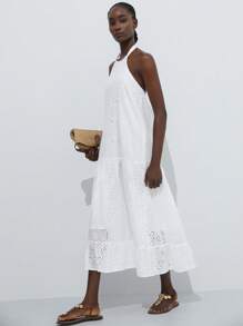 Aveloria Modichic Southern French Style Hollow Out Embroidered Backless Halter Patchwork Ruffle Hem Long Dress For Women - White - View 1