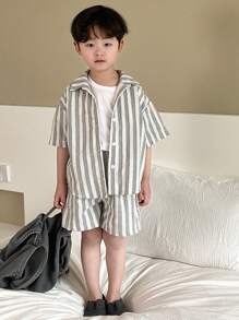 Dazy Kids 2 件套幼儿男童条纹短袖衬衫和短裤休闲装，夏季 - 白色 - 查看 3