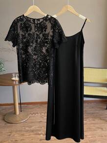 Franclia 女款優雅刺繡蕾絲上衣與純色細肩帶洋裝套裝 - 黑色 - 查看 4
