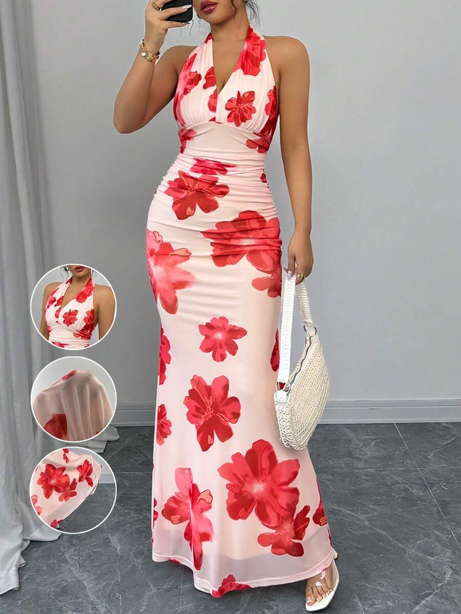 Rafferiza 优雅紧身高领鱼尾长款针织网眼印花全衬里女式连衣裙，春夏 - 彩色 - 查看 1