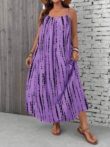 SHEIN VCAY Plus Size Casual Tree Bark Print Sleeveless Dress - Purple - View 5
