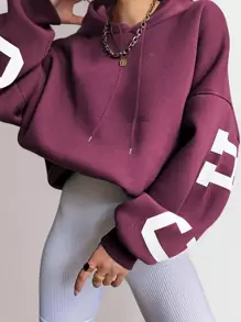 INAWLY 字母印花长袖连帽运动衫，女士春秋季休闲抽绳腕长袖连帽常规版型常规热粉色落肩套头衫女式连帽衫 - 玫紅色 - 查看 2