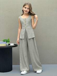 SHEIN Leap Crew Nova Glow 少女休闲街头时尚纯色方领无袖上衣和直筒裤套装 - 橄欖綠 - 查看 6