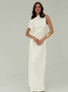 Aloruh 女士纯色不对称领口褶饰优雅及地长裙 - 白色 - 查看 4