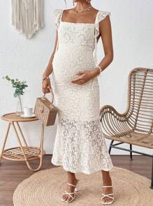 SHEIN Maternity Floral Lace Patchwork Ruffle Hem Fitted Elegant Dress