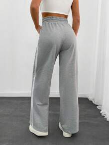 EURMUSE Women Pocket And Drawstring Detailed Wide Leg Contrast Side Stripe Pant - Grey - View 2