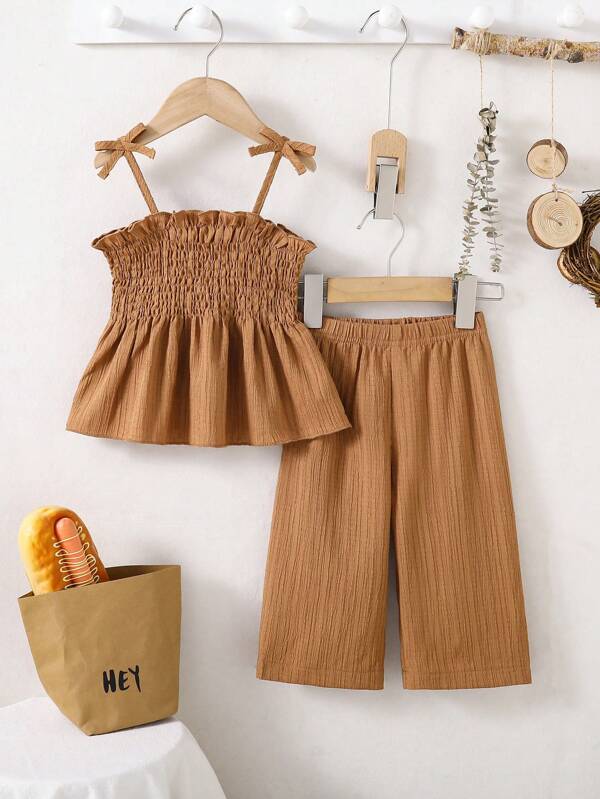 SHEIN Vintaside Kids Baby Girl Woven Spaghetti Strap Tank Top And Wide Leg Pants 2pcs Set