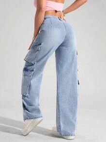 SHEIN EZwear Women's Multi-Pocket Wide Leg Loose Casual Jeans