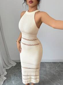 Gloray Women Elegant Vacation Semi-Sheer Halter Neck Fitted Mid-Calf Sweater Dress, Spring/Summer