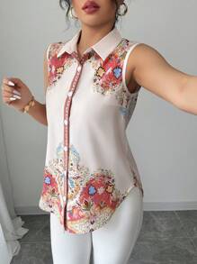 Selianne Sleeveless Casual Loose Digital Print Blouse For Commute - Multicolor - View 6