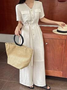 DAZY Elegant V-Neck Wide Leg Palazzo Jumpsuit For Women Linen - Beige - View 5