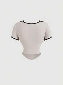 SHEIN MOD Apricot Contrast Trim 2 In 1 T-Shirt For Women, Retro Palace Style With Bow Decor, Suitable For Dating, Party, Holiday, Birthday,Summer For Women,Easter,Beach For Woman,Vacation Women,Summer,Concert Women,Rave,Cruise Attire Women,Western Wear Women,Boho Women Tee