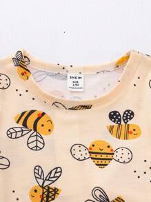 SHEIN Baby Girls Cute Floral Print Short Sleeve T-Shirt And Elastic Waist Pants 2 Pieces Outfit,Pastel Yellow,Summer,Casual,Vacation Daily Outings Set - Yellow - View 3