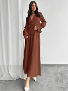 Firerie Solid Color Long Blazer & Flare Skirt Set - Rust Brown - View 5