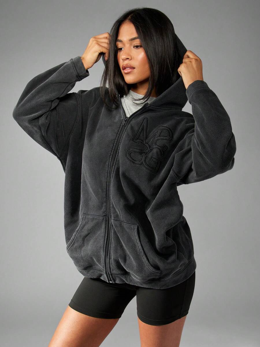 MISSGUIDED PLUS Plus Size Full Zip Hooded Sweatshirt Winter Fleece Athletic Workout Activewear Relaxed Fit Fall Essential With Pockets - Black - View 1