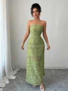 Rafferiza Vestido de tirantes de mujer elegante de unicolor de encaje y malla sin mangas - Verde - Ver 5