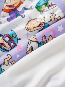 Nick 90s X SHEIN 3pcs Young Girl Purple Cute & Comfortable Cartoon Print Contrast Piping Trim Triangle Panties,Basic Casual Briefs