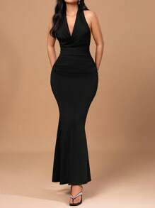 SHEIN Tall Vestido de punto ajustado con escote de halter y silueta de sirena, en unicolor, para primavera/verano - Negro - Ver 6