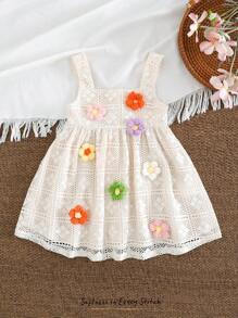 Cozy Pixies Baby Girl 3D Flower Decor Round Neck Sleeveless Waist Cinching Dress - Multicolor - View 4