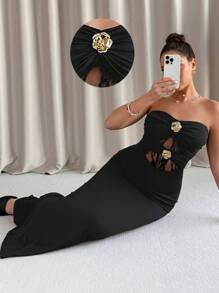 SHEIN Clasi Robe maxi sirène élégante avec patchwork en dentelle ajourée et boucle métallique décorative
