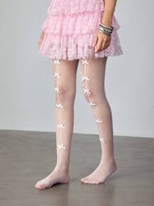 ROMWE Kawaii 1 Pair Sexy Sheer White Hollow Out Multi-Bow Fishnet Stockings, Cute & Seductive, Thin Elastic See-Through Tights